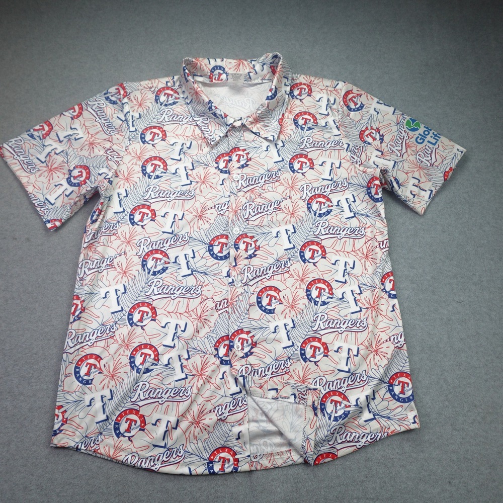 Texas Rangers Shirt Mens‎ Medium White Red Blue Tropical Hawaiian Button Up MLB